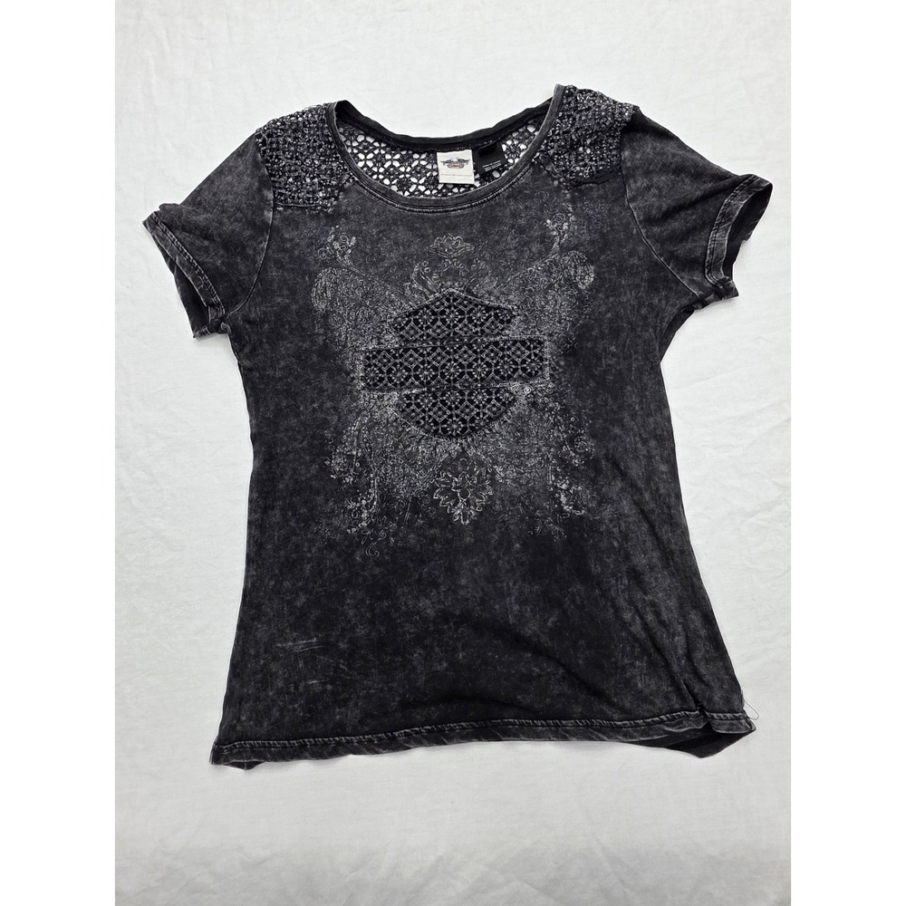 Harley Davidson Women's Black Embellished Crochet Lace Accented T-shirt